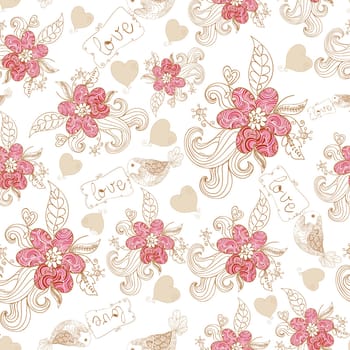 Spring time flowers and love birds seamless pattern. Vector file layered for easy manipulation and custom coloring.