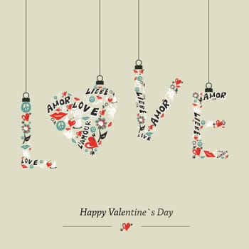 Valentine day Love hanging word composition greeting card. Vector illustration layered for easy manipulation and custom coloring.