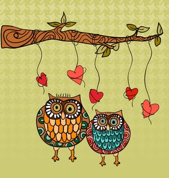 Valentine day owls couple love greeting card. Vector illustration layered for easy manipulation and custom coloring.