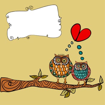 Valentine day lovely owls couple in tree branch greeting card background. Vector illustration layered for easy manipulation and custom coloring.