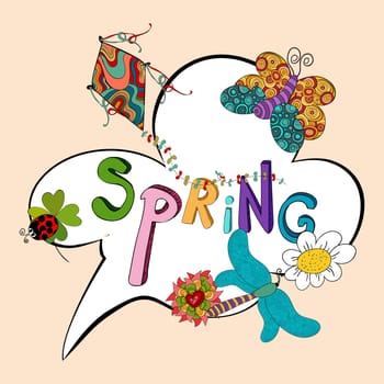 Speech bubble with spring elements: kite, ladybug, flowers and butterfly. Vector file layered for easy manipulation and custom coloring.