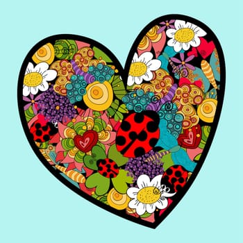Multicolored heart love with spring elements: ladybug, flowers and butterfly. Vector file layered for easy manipulation and custom coloring.