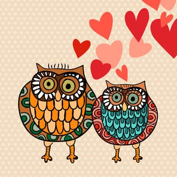 Valentine day lovely owls greeting card. Vector illustration layered for easy manipulation and custom coloring.