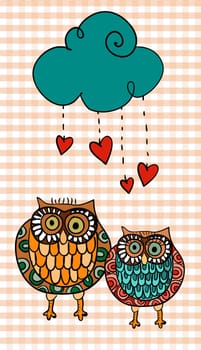 Valentine day couple owls in love under hearts raining. Vector illustration layered for easy manipulation and custom coloring.