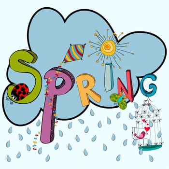 Cloud rain with vibrant spring elements: kite, ladybug, birds, flowers and butterfly. Vector file layered for easy manipulation and custom coloring.