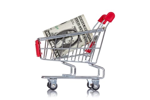 One dollar  in a shopping cart, isolated on white background