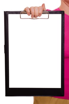 White sheet of paper on a clipboard in a female hand