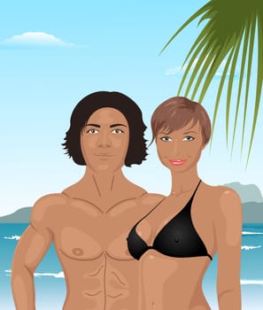 Illustration young couple on the beach - vector
