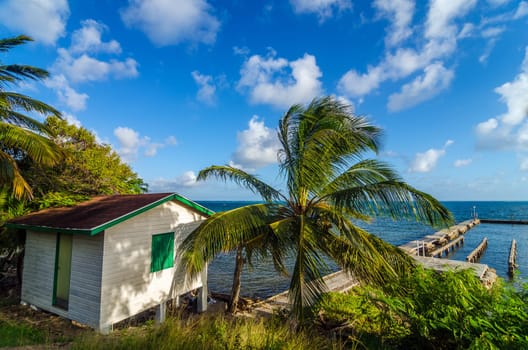 An old beach shack looking out over the Caribbean Sea