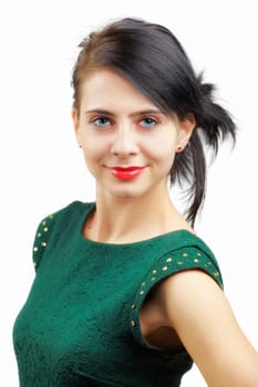 Portrait of a beautiful young woman with green dress over white