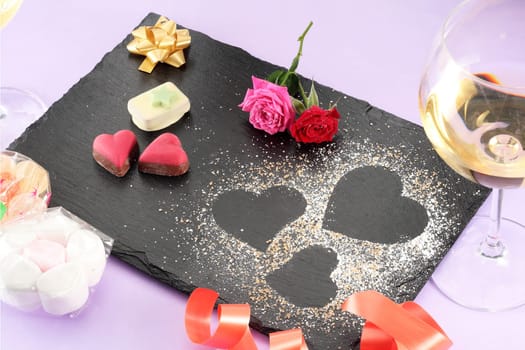 Dessert valentines day dish served on black slate