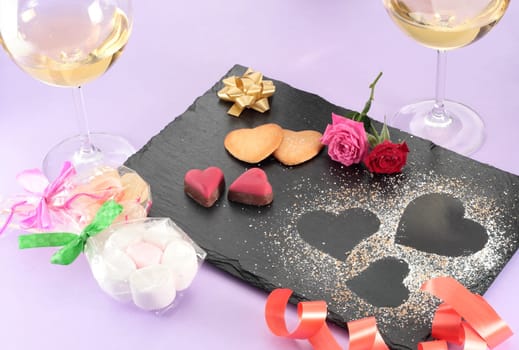 Dessert valentines day dish served on black slate