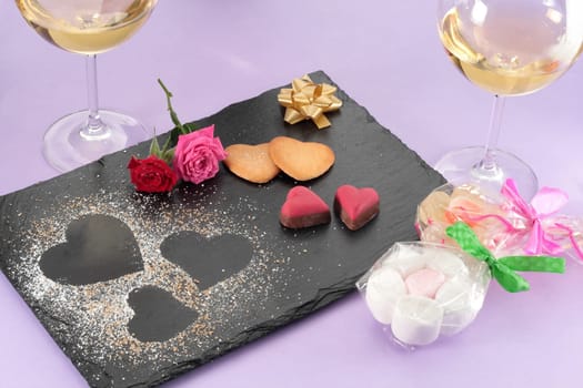 Dessert valentines day dish served on black slate