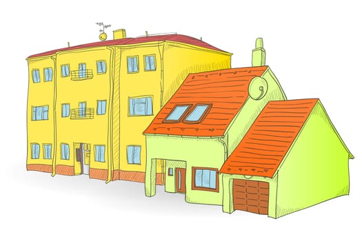 Handmade illustration of two buildings on white background