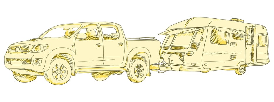 Illustration of a car and a towing caravan isolated on white
