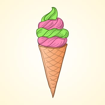 Pink and green ice cream in brown cone isolated on white