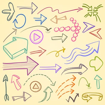 Colorful set of handmade arrows isolated on light background