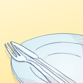 Illustration of cutlery on the plate with bright colors