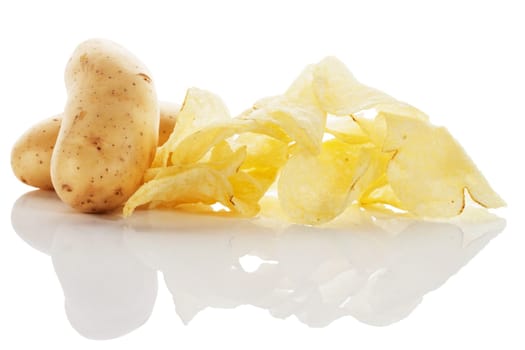 Potato chips with potatoes on white background