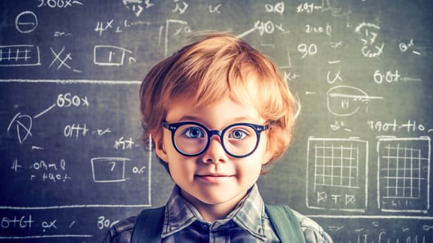 Curious smart boy in glasses against classroom whiteboard with math formulas background. Back to school. Generative Ai