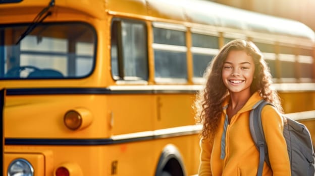 Little girl with backpack and books looking at camera yellow school bus on background. Back to school. Generative Ai