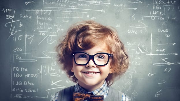 Curious smart boy in glasses against classroom whiteboard with math formulas background. Back to school. Generative Ai