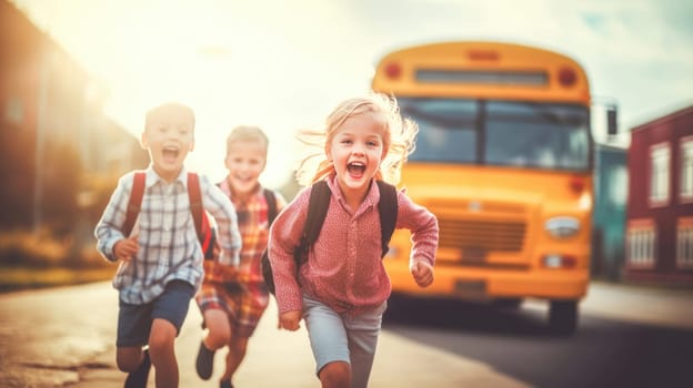 Funny kids with backpacks running and laughing to camera yellow school bus on background. Back to school. Generative Ai