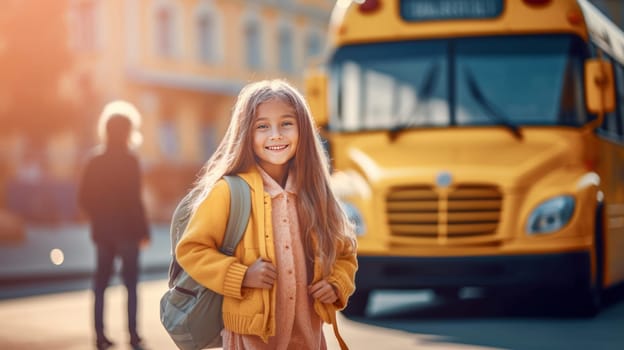 Little girl with backpack and books looking at camera yellow school bus on background. Back to school. Generative Ai