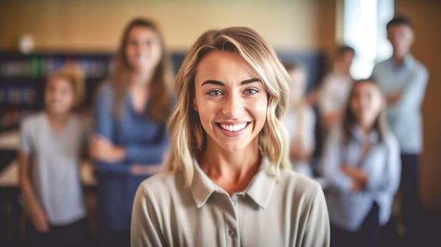 Pretty smiling female teacher looking at camera, kids on background in classroom at the elementary school. Back to school. Generative ai