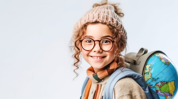 Little girl with backpack and globus looking at camera on white background. Back to school. Generative Ai