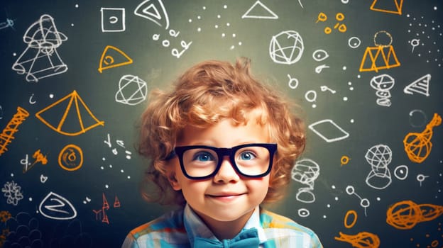 Curious smart boy in glasses against classroom whiteboard with math formulas background. Back to school. Generative Ai