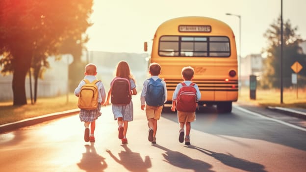 Funny kids with backpacks running to yellow school bus on background. Back to school. Generative Ai