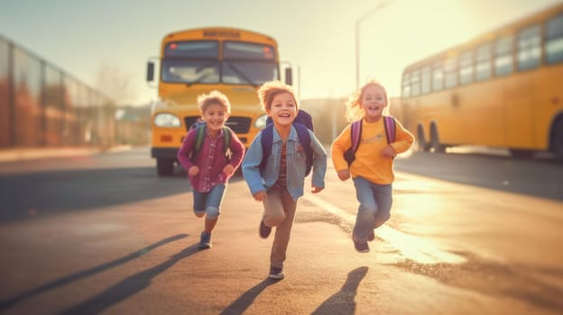 Funny kids with backpacks running and laughing to camera yellow school bus on background. Back to school. Generative Ai