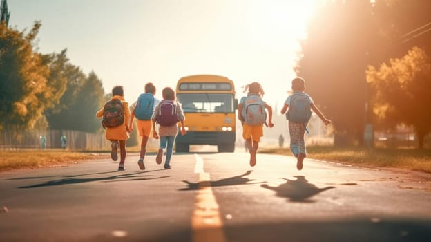 Funny kids with backpacks running to yellow school bus on background. Back to school. Generative Ai