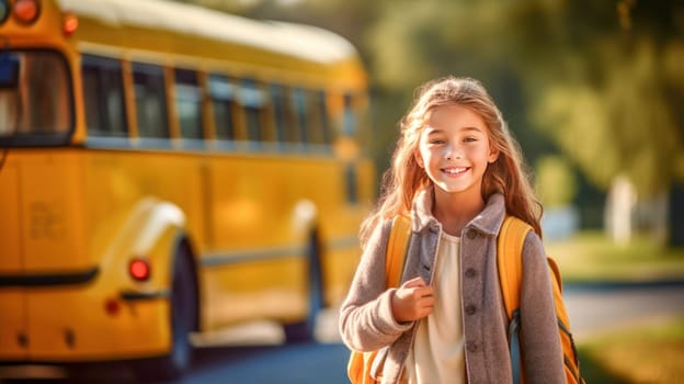 Little girl with backpack and books looking at camera yellow school bus on background. Back to school. Generative Ai