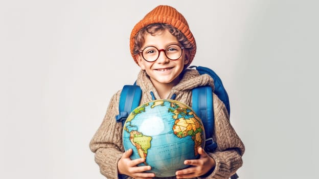 Little boy with backpack and globus looking at camera on white background. Back to school. Generative Ai