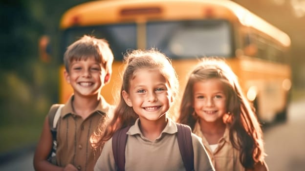 Little girl and boy with backpacks and books looking at camera yellow school bus on background. Back to school. Generative Ai