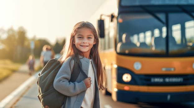 Little girl with backpack and books looking at camera yellow school bus on background. Back to school. Generative Ai