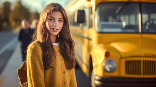 Happy caucasian teenager female student holding books looking at camera with blurred school building on background. Back to school. Generative Ai