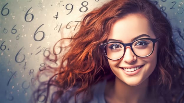 Curious smart girl in glasses against classroom whiteboard with math formulas background. Back to school. Generative Ai
