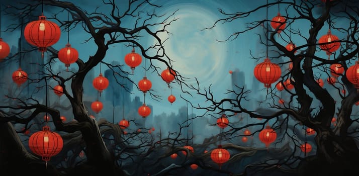 Night art asian chinese china tree decorative illustration red festival moon holiday culture autumn celebrate asia tradition light lantern oriental dark