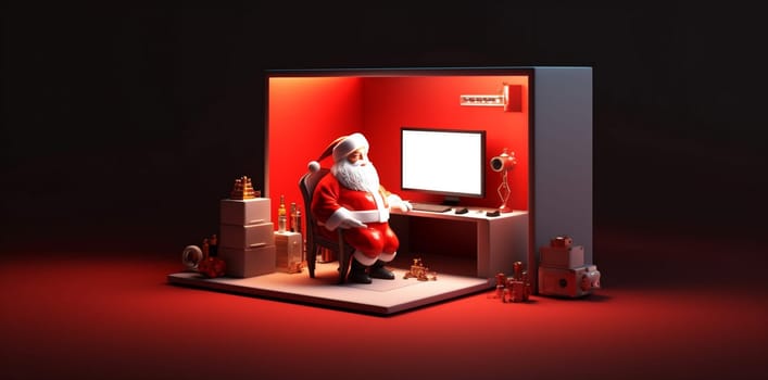 man concept home video christmas indoor house illustration family santa laptop year communication character gift call holiday claus happy video person. Generative AI.