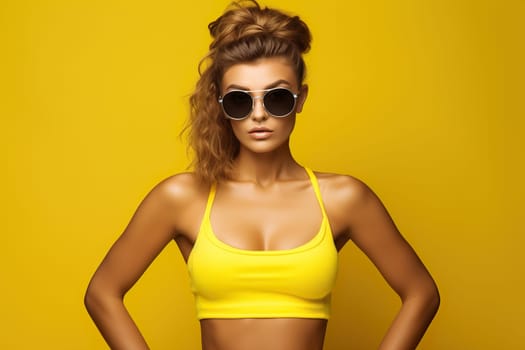 Young, athletic brunette woman in yellow sportswear. Close-up view. Active, sporty, fitness girl. Generation Z. Beautiful, perfect body. Zumba, aerobic or yoga wear. Healthy lifestyle. Generative AI