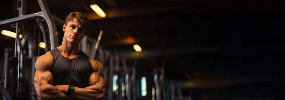 Young, athletic man in sportswear in a gym. Closeup view. Active, sporty man in fitness club. Generation Z. Beautiful, muscular body. Big muscles. Healthy lifestyle. Banner, copy space. Generative AI.