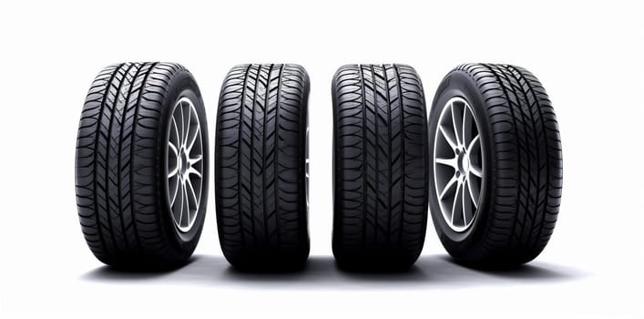 heap auto automobile white automotive alloy background drive tyre stack pattern object tire car profile rubber change tread isolated transportation wheel. Generative AI.