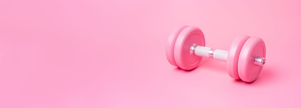 Dumbbell on pink background. Gym, fitness club for women concept. Close-up view. Be active, sporty. Healthy lifestyle. Loss weight and stay motivated. Empty, copy space for text. Generative AI