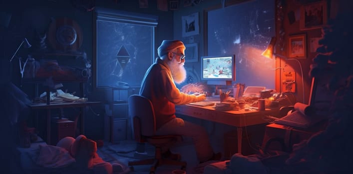 woman christmas man character communication home house new decoration virtual tree happy computer december holiday santa laptop chat quarantine family. Generative AI.