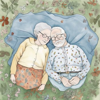 bed woman man together asleep senior old lying elderly pillow partner retired grandmother illustration rest love aged relax couple husband happy bedtime. Generative AI.