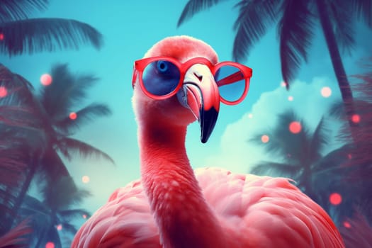tropical ai feather party summer animal fun hipster weekend lifestyle exotic flamingo goggles sunglasses float resort cartoon pink trendy bird. Generative AI.