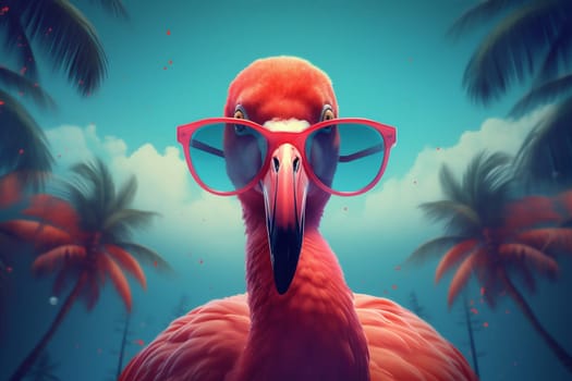 ai colourful weekend flamingo swim summer wild travel toy feather animal glasses tropic bird sunglasses hipster party tropical wildlife pink. Generative AI.